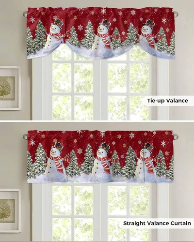 Vista 6 de Cortinas de cocina de Navidad, cenefa semitransparente ajustable con lazo, muñeco de nieve, copo de nieve, bolsillo para barra, tratamiento
