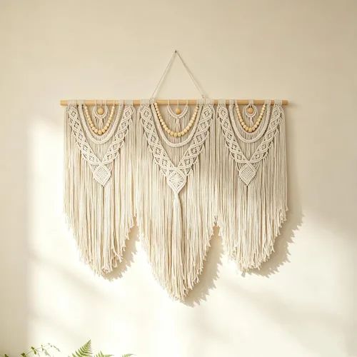 Vista 10 de Tapiz bohemio de macramé para colgar en la pared y decoración de pared, tapiz de algodón hecho a mano con borla, arte de pared tejido de macramé