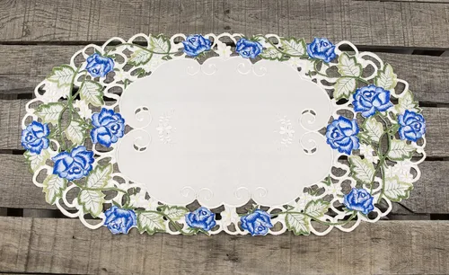 Vista 3 de LINENS ART AND THINGS - Camino de mesa bordado, diseño victoriano, azul, rosa, verde, trabajo en marfil, mantel individual