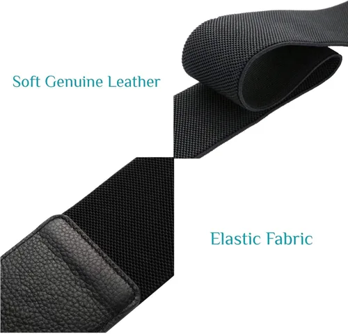 Vista 4 de CB - Cinturón elástico ancho para mujer, cintura alta, cuero auténtico, hebilla de color liso dorado