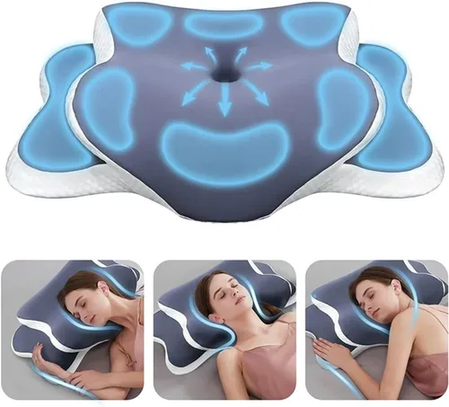 Vista 4 de Almohada de espuma viscoelástica – Almohada cervical para aliviar el dolor de cuello, contorno ortopédico ergonómico para el cuello para dormir Azul