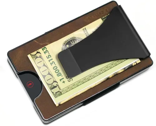 Vista 4 de Storus Billetera inteligente de piel, delgada, minimalista, con bloqueo RFID, clip para dinero, para hombres, regalo, padrinos de boda, graduación