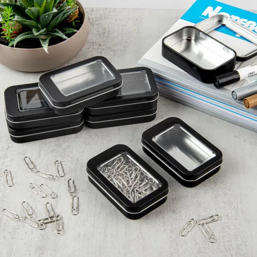 Vista 6 de Restaurantware RW Base - Recipientes rectangulares de lata de 4.5 onzas, 100 cajas de lata duraderas con tapas, tapas transparentes para ventana