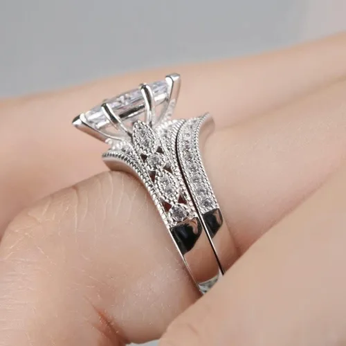 Vista 6 de Jeulia Juego de 2 anillos de plata de ley con corte marquesa milgrain para novia, boda, compromiso, aniversario