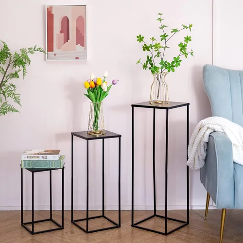 Vista 4 de Soporte de pedestal negro para plantas, 2 piezas, soporte de metal para plantas, soporte de flores de 15.75 pulgadas de alto, soporte para flores
