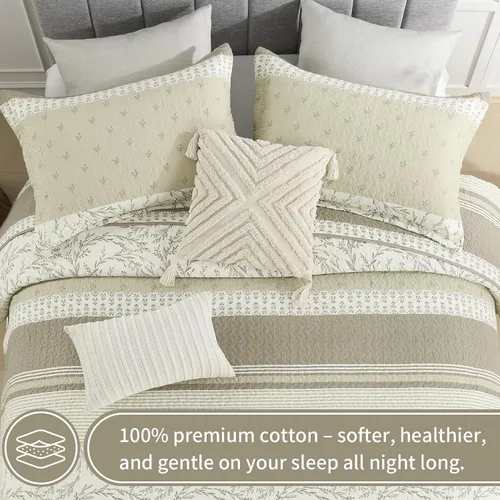 Vista 4 de KALOOLA Juego de edredón de granja tamaño Queen, 100% algodón, suave, ligero, acolchado con 2 fundas de almohada, patrón de rayas botánicas neutras