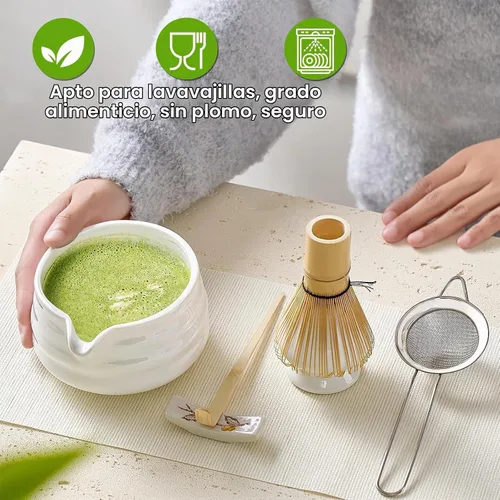 Vista 5 de Juego de batidor de matcha, juego de té japonés (5 piezas) incluye cuenco de matcha con boquilla (19 onzas), batidor de bambú y cuchara de matcha
