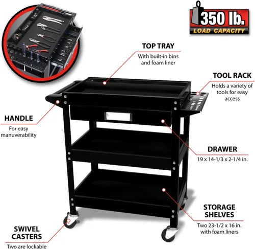 Vista 3 de Performance Tool W54006 - Carrito utilitario de 3 estantes con cajón de 23 pulgadas x 16 pulgadas