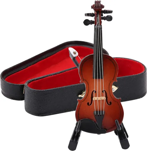 Vista 6 de Violonchelo miniatura de madera con soporte, arco y estuche Mini instrumento musical en miniatura modelo de casa de muñecas para decoración del hogar