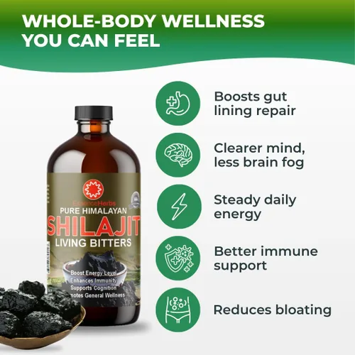 Vista 3 de Essence Herbs Shilajit - Líquidos amargos hechos con shilajit, moringa, semillas negras y más (paquete de 1)