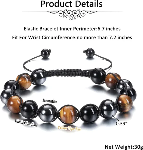 Vista 5 de Jovivi Pulsera de piedra de cristal de ojo de tigre de obsidiana negra de 0.315 in0.394 in para hombre, pulsera de piedra de lava con cuentas