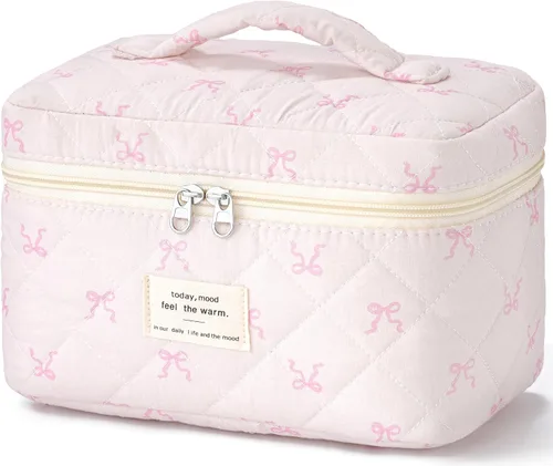 Vista 18 de HBselect Bolsa de Maquillaje Acolchada, Bolsa de Maquillaje Grande de Algodón para Viaje, Lindas Bolsas de Maquillaje con Flores Coquette, Bolsas
