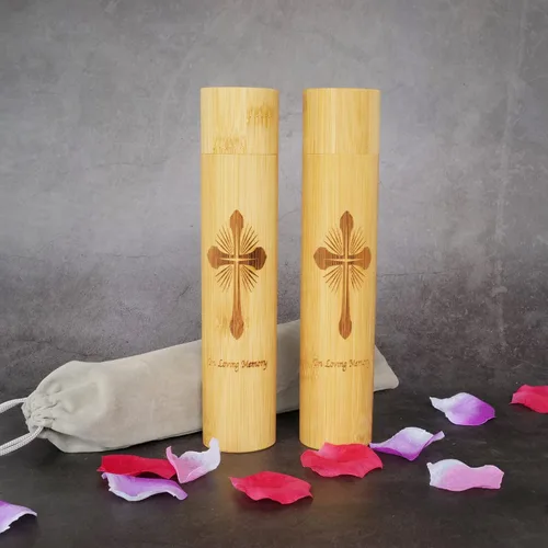 Vista 4 de Juego de 2 urnas pequeñas de bambú para cenizas humanas, ecológicas y biodegradables, tubo de cremación para cenizas de mascotas machos y hembras