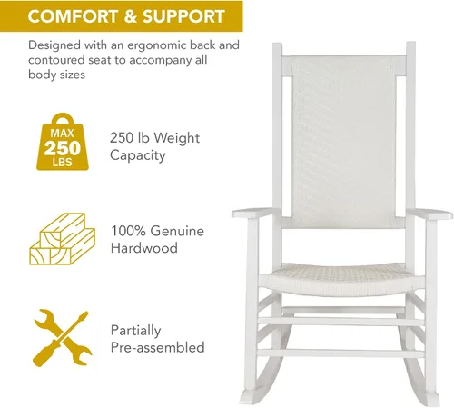 Vista 4 de Shine Company Hampton Mecedora de Porche, Silla Mecedora de Madera con Respaldo Alto, Respaldo y Asiento de Ratán, Blanco