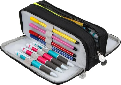Vista 5 de Chelory Estuche para lápices de gran capacidad, bolsa de almacenamiento grande, bolsa de lápices de 3 compartimentos para papelería, estuche