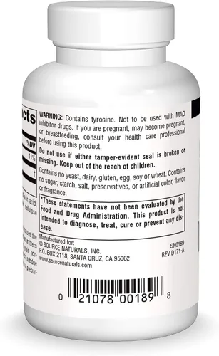 Vista 2 de Source Naturals Suplemento de aminoácidos de forma libre de L-tirosina - 50 Tabletas