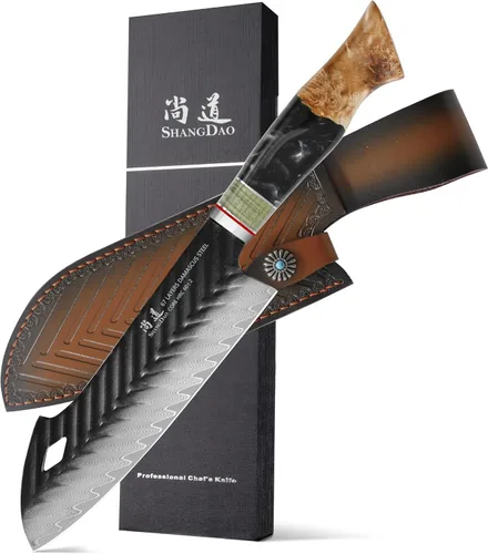 Vista 8 de SHANGDAO Cuchillo Utilitario de Damasco de 4.8 Pulgadas, Cuchillo para Frutas con Funda de Cuero, 67 Capas de Acero de Aleación para Pelar, Mango