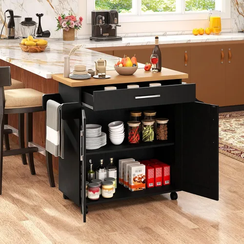 Vista 2 de Giantex Isla de cocina, carrito de cocina rodante con estante para especias y toallero, cajón grande y armario de almacenamiento de 2 puertas