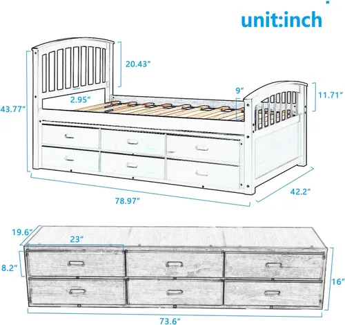 Vista 2 de Merax Cama de almacenamiento de madera maciza con 6 cajones, soporte de listones de madera, no necesita somier