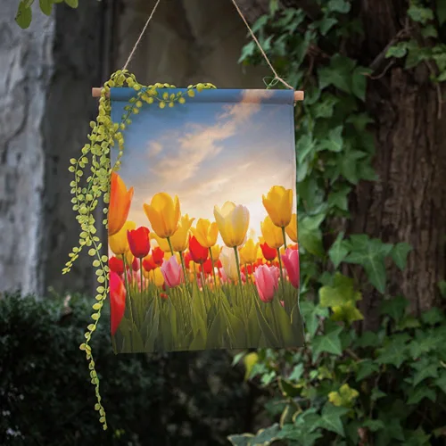 Vista 3 de Moslion Bandera de jardín de tulipanes, campo floral al atardecer, nube, tulipán, rosa, amarillo, flores verdes, banderas de doble cara, bandera