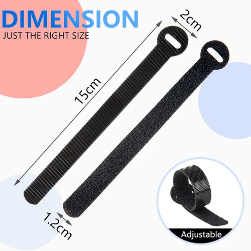 Vista 2 de 60 Sujetadores para Gestión de Cables, Envolturas para Cables Negras de 6 Pulgadas, Sujetadores Reutilizables para Cables Ordenados, PC, TV