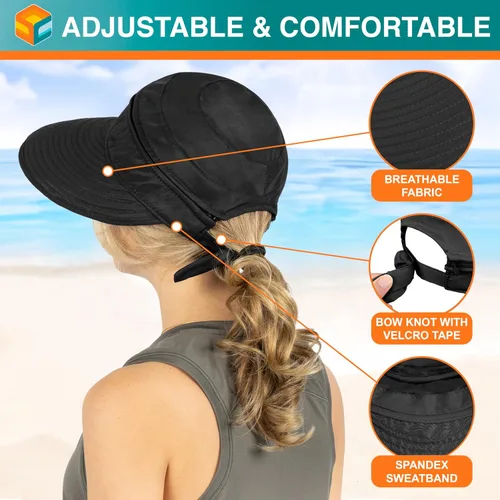 Vista 42 de SUN CUBE Sombrero de sol para mujer para protección UV al aire libre, sombrero de sol de ala ancha, cola de caballo, sombrero de playa convertible