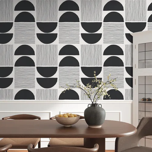Vista 2 de VEELIKE Papel tapiz moderno de mediados de siglo en blanco y negro, papel tapiz geométrico abstracto para dormitorio, baño, 17.7 x 118 pulgadas