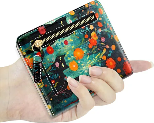 Vista 5 de Billetera de cuero genuino de lujo para mujer con bloqueo RFID, compacta, plegable, con ventana para identificación, Gato negro, Moderno