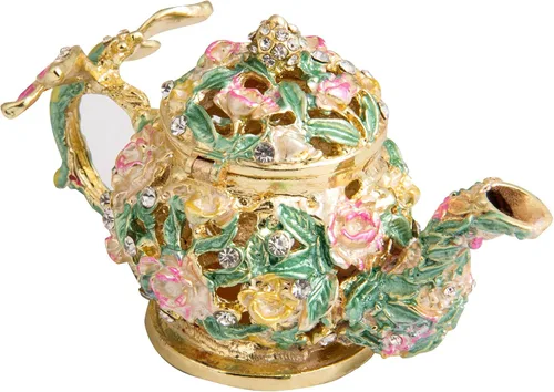 Vista 2 de QIFU Caja de baratijas esmaltada pintada a mano estilo tetera con bisagras, regalo único para decoración del hogar.. Oro Verde
