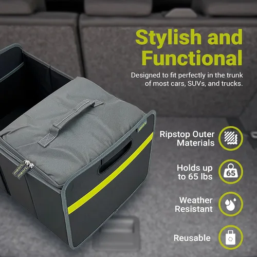 Vista 3 de meori Organizador plegable para maletero de coche con enfriador para comestibles, viajes por carretera, 2 compartimentos, bolsillo de malla