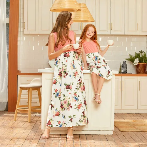 Vista 4 de IFFEI - Conjunto de vestidos de mamá y yo con estampado floral sin mangas para madre e hija