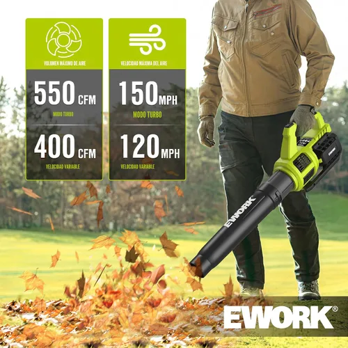 Vista 2 de EWORK Soplador de hojas inalámbrico de 21 V, potente modo turbo y 550 CFM, baterías de 2×3.0Ah y cargador rápido, sopladores eléctricos ligeros