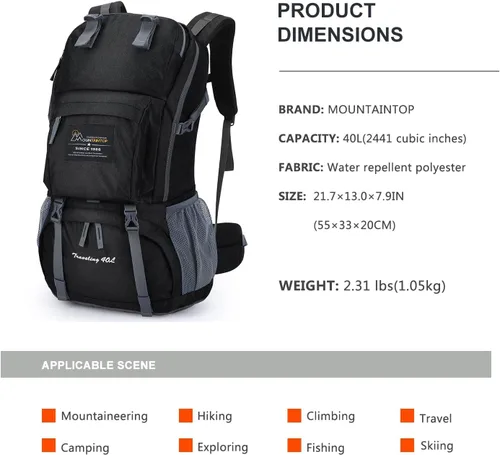 Vista 2 de Mochila de senderismo de 40 L de Mountaintop, mochila ligera de viaje para hombres y mujeres, mochila para acampar al aire libre y hacer senderismo