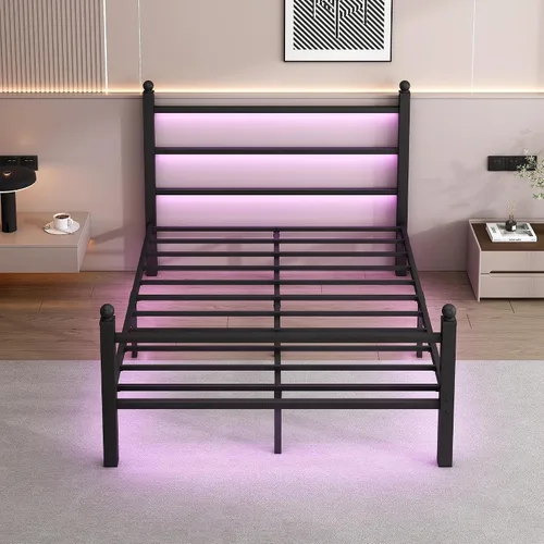Vista 4 de CLIBFENG Base de cama de tamaño matrimonial con cabecero y estribo, soporte de listones de acero, marco de cama LED con estación de carga, base