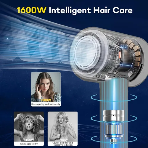 Vista 7 de Secador de pelo de alta velocidad, secador de pelo iónico profesional, 150000 rpm, motor sin escobillas, 1600 W, secado rápido, secador de pelo