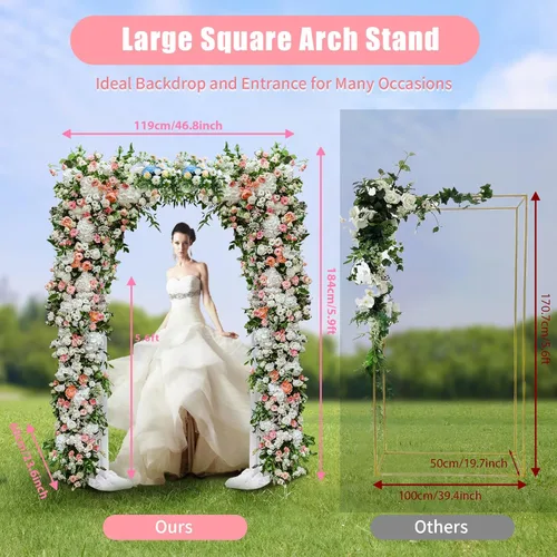 Vista 4 de Arco cuadrado decorativo de boda de 3.7 ft x 5.9 ft con bases, soporte de fondo de cabina de fotos de metal de doble tubo dorado para boda