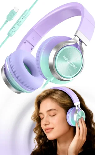Vista 15 de INFURTURE - Auriculares USB C con micrófono, control de volumen, cable sin enredos, auriculares tipo C con cable, plegables y ligeros para iPhone
