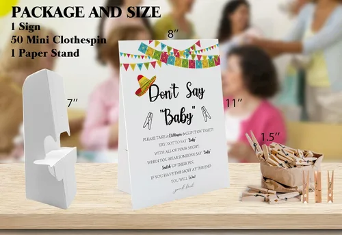 Vista 2 de Fiesta Don't Say Baby Game (1 letrero y 50 mini pinzas naturales) Juego de Don't Say Baby Shower, decoraciones de baby shower, juegos de baby