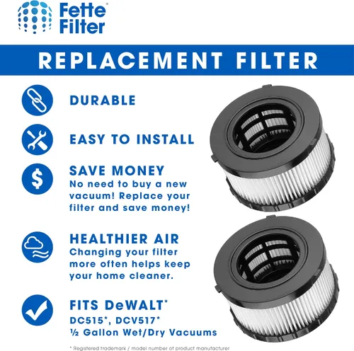 Vista 3 de Fette Filter - Filtro HEPA DC5151H compatible con los modelos de vacío en seco y húmedo DEWALT DC515 DCV517 DCV517B Parte # DC5151H incluye 2