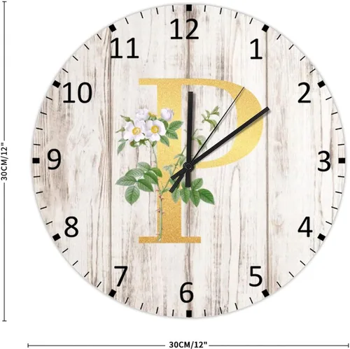 Vista 3 de Reloj de pared de madera para decoración del hogar, letra con monograma del alfabeto con inicial dorada, diseño floral blanco, retro, silencioso