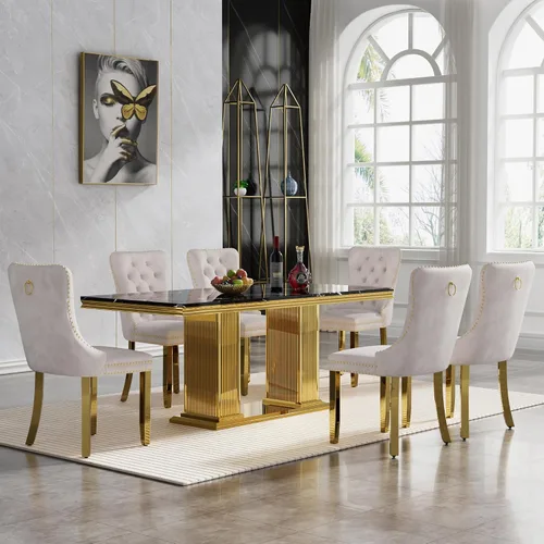 Vista 69 de Juego de mesa de comedor de 5 piezas para 4, mesa de cocina de mármol negro de 68 pulgadas con 4 sillas beige, mesa de comedor rectangular moderna