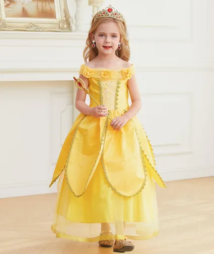 Vista 3 de iTVTi Disfraz de princesa Bella para niñas, vestidos amarillos, disfraz de Halloween, cosplay, cumpleaños, con accesorios