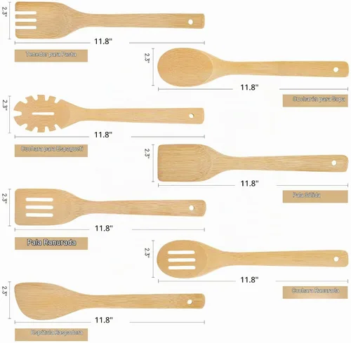 Vista 2 de [7 piezas] Las cucharas de madera para cocinar son para toda la cocina. Hechas de madera de bambú, espátula de madera y cuchara de madera de 11.8