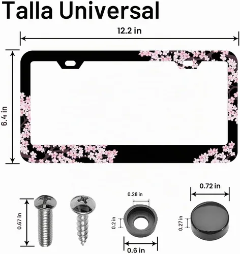 Vista 2 de Marco de matrícula con flores de cerezo en rosa premium, soporte de placa de matrícula de acero compatible con todas las placas de matrícula