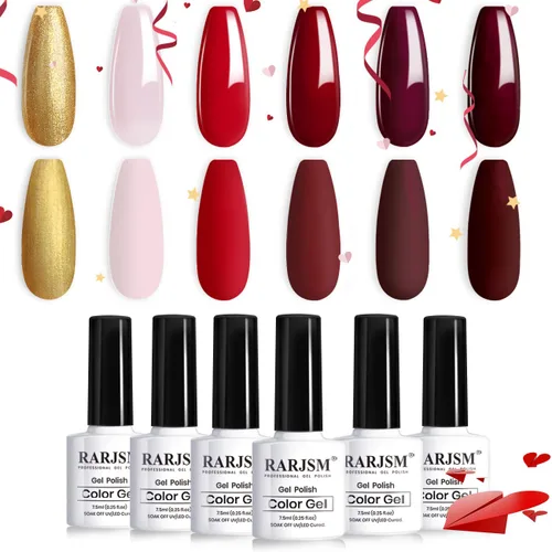 Vista 9 de RARJSM Juego de esmaltes de uñas de gel con purpurina reflectante, 6 colores brillantes plateados, champán, dorado, rosa, naranja, negro, rojo