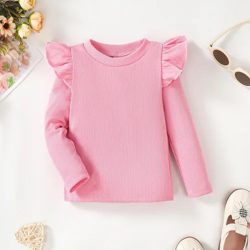 Vista 8 de OPAWO Camisetas de manga larga y corta con volantes para niña, blusa acanalada para niña, ropa para bebé, paquete de 2 unidades de 1 a 6 años