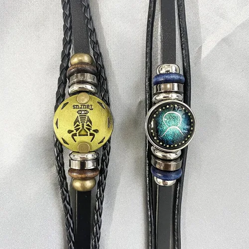 Vista 7 de 2 pulseras retro del zodiaco para hombres, 12 constelaciones, hechas a mano, pulseras de cuero trenzadas punk, cuero, vidrio, aleación, otro