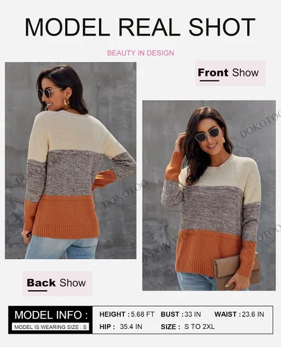Vista 4 de Dokotoo - Suéteres de bloque de color para mujer, suéter de manga larga con cuello redondo, suéter sin botones.