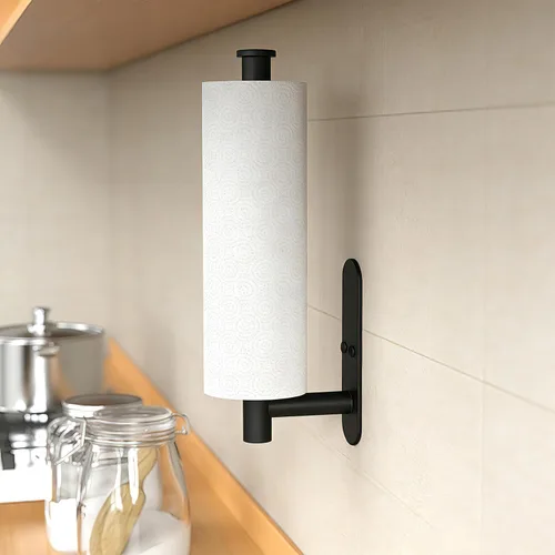 Vista 4 de HUFEEOH Soporte adhesivo para toallas de papel debajo del gabinete, soporte de pared para toalla de papel de cocina, toallero de papel de acero Negro