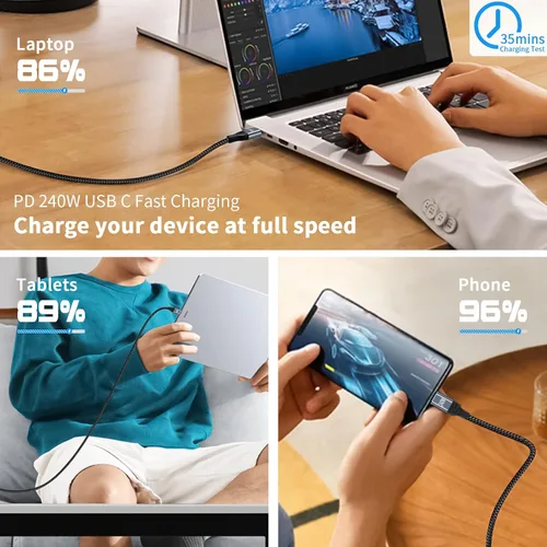 Vista 4 de Duttek Cable USB C de 240 W de 3 pies/3.3 ft, cable USB C a USB C PD 3.1, cable trenzado USB C macho a macho de nailon con chips inteligentes E-Mark
